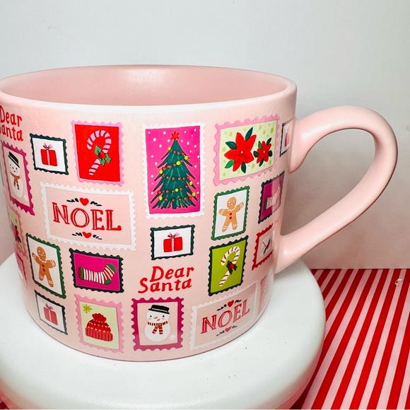 Festive Pink Holiday Mug with Christmas Stamps Dear Santa Snowman Noel Stocking - Picture 10 of 14